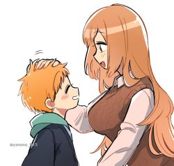 Rule 34 | 1boy, 1girl, bleach, blush stickers, brown eyes, brown hair, brown vest, cardigan vest, collared shirt, hand on another&#039;s head, happy, headpat, inoue orihime, kurosaki kazui, long hair, long sleeves, looking back, mother and son, open mouth, orange hair, shirt, upper body, vest, white shirt, yanono 015