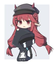 Rule 34 | 1girl, 1other, arknights, black headwear, border, braid, commentary request, demon tail, doctor (arknights), grey background, hair ornament, hair ribbon, hairclip, hand on another&#039;s head, hat, horns, horns through headwear, hug, peaked cap, pointy ears, red eyes, red hair, ribbon, sweatdrop, tail, tearing up, toro th, triangle mouth, twintails, vigna (arknights)