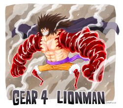 Rule 34 | 1boy, abs, angry, artist name, black cape, black hair, cape, clenched hands, clenched teeth, commentary, cross scar, english commentary, full body, gear fourth, gear fourth: boundman, highres, long hair, male focus, merrivius, monkey d. luffy, muscular, muscular male, one piece, orange shorts, scar, scar on chest, shorts, signature, solo, teeth