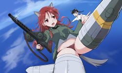 Rule 34 | 2girls, absurdres, animal ears, black hair, blush, brown eyes, dog ears, dog tail, emu 1316, eyepatch, flying, highres, long hair, military, military uniform, minna-dietlinde wilcke, multiple girls, ocean, open mouth, outdoors, red eyes, red hair, sakamoto mio, strike witches, striker unit, tail, uniform, world witches series