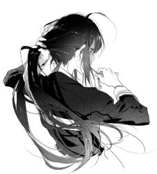 Rule 34 | 1boy, ahoge, commentary request, from behind, greyscale, hands up, jacket, long hair, long sleeves, male focus, monochrome, namazuo toushirou, ponytail, rella, simple background, solo, touken ranbu, tying hair, upper body, white background