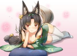 Rule 34 | 1girl, alternate breast size, animal ears, azur lane, bare shoulders, bell, black hair, blush, bow, breasts, cleavage, commentary request, downblouse, fox ears, hair ornament, iroia, japanese clothes, kimono, long hair, red eyes, ribbon, smile, solo, yuubari (azur lane)