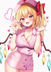 Rule 34 | 1girl, :d, alternate breast size, alternate costume, blonde hair, blush, bow, breasts, cleavage, clenched hand, collarbone, collared shirt, commentary request, cowboy shot, crystal, curvy, fang, flandre scarlet, hair between eyes, hair bow, hands up, hat, heart, heart of string, highres, holding pill, large breasts, long hair, looking at viewer, lovestruck, miniskirt, nurse, nurse cap, open mouth, pencil skirt, pill, pink hat, pink shirt, pink skirt, pink wrist cuffs, red bow, red eyes, shirotsuki shirone, shirt, simple background, skin fang, skirt, smile, solo, straight-on, touhou, tsurime, white background, wings, wrist cuffs