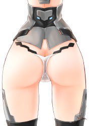 Rule 34 | 10s, 1girl, artist name, ass, ass focus, butt crack, cameltoe, close-up, frame arms girl, from behind, highres, legs apart, lower body, materia (frame arms girl), materia kuro, mecha musume, no pants, out of frame, signature, simple background, solo, strapless bottom, thighhighs, white background, yilan (z2256721), yilan un