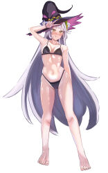 Rule 34 | 1girl, absurdres, barefoot, bikini, black bikini, black hat, blunt bangs, blush, breasts, commentary, feet, full body, grey hair, hair bun, hat, highres, hololive, long hair, looking at viewer, murasaki shion, nose blush, simple background, single side bun, small breasts, solo, swimsuit, tongue, tongue out, v, virtual youtuber, white background, witch hat, yellow eyes, yusuharamochi