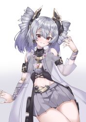 Rule 34 | 1girl, android, bare shoulders, commentary request, earrings, gradient background, grey background, grey hair, grey skirt, grin, hair between eyes, hand up, headgear, highres, honkai (series), honkai impact 3rd, jewelry, looking at viewer, pleated skirt, prometheus (honkai impact), red eyes, see-through, skirt, smile, solo, tor ai, white background
