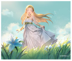 Rule 34 | 1girl, anniversary, artist name, azu-taro, bangle, blonde hair, blue flower, blue sky, blurry, blurry foreground, blush, bracelet, breasts, closed eyes, cloud, cloudy sky, commentary, cowboy shot, day, dress, english text, flower, gold, grass, jewelry, long hair, looking at viewer, necklace, nintendo, open mouth, outdoors, parted bangs, pointy ears, princess zelda, silent princess, skirt hold, sky, small breasts, smile, solo, standing, straight hair, strapless, strapless dress, sunlight, the legend of zelda, the legend of zelda: breath of the wild, thick eyebrows, twitter username, white dress, wind