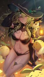Rule 34 | 1girl, antlers, bikini, black bikini, blob, blush, braid, braided bangs, branch, breasts, broom, broom riding, ceres fauna, cleavage, covered collarbone, creature, detached sleeves, flower, green hair, hair flower, hair ornament, halloween, halloween costume, hat, highres, holding, holding broom, hololive, hololive english, horns, jewelry, kotodekun, large breasts, large hat, long hair, looking at viewer, mole, mole under eye, multicolored hair, nemu (ceres fauna), pubic tattoo, sapling, sapling (ceres fauna), sidesaddle, single thighhigh, smile, sprout on head, stomach tattoo, streaked hair, swimsuit, tattoo, thighhighs, virtual youtuber, white thighhighs, witch, witch hat, yellow eyes