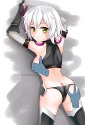 Rule 34 | 1girl, against wall, arm belt, arms up, ass, ass grab, bad id, bad pixiv id, bandaged arm, bandages, bare shoulders, black gloves, black panties, black thighhighs, blush, grabbing another&#039;s breast, breasts, butt crack, closed mouth, commentary request, dagger, disembodied hand, facial scar, fate/apocrypha, fate/grand order, fate (series), fingerless gloves, from behind, gloves, grabbing, grabbing from behind, green eyes, halterneck, highres, holding, holding knife, holding weapon, jack the ripper (fate/apocrypha), knife, kurumi nari, legs apart, looking at viewer, looking back, lowleg, lowleg panties, panties, scar, scar across eye, scar on cheek, scar on face, shirt, short hair, silver hair, single glove, skindentation, sleeveless, sleeveless shirt, small breasts, solo, solo focus, standing, tattoo, thighhighs, twitter username, underwear, weapon
