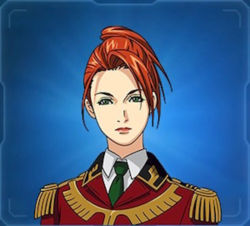 Rule 34 | 00s, blue background, eyeshadow, green eyes, gundam, gundam ms igloo, highres, looking at viewer, makeup, military, military uniform, monique cadillac, official art, ponytail, red hair, uniform