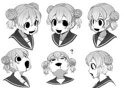 Rule 34 | 1girl, 4shi, :d, ?, commentary request, dango-chan (4shi), double bun, drooling, greyscale, hair bun, highres, looking ahead, looking to the side, looking up, monochrome, monster girl, open mouth, original, sailor collar, short hair, smile, translation request