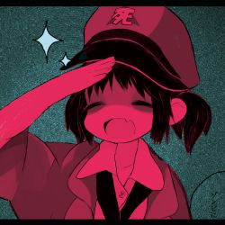 Rule 34 | 1girl, child, closed eyes, fang, hat, jacket, milkman (artist), monochrome, open mouth, peaked cap, pink theme, salute, short hair, solo, sweater, translated