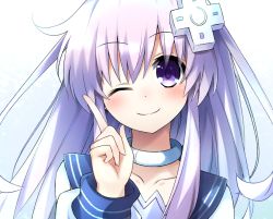 Rule 34 | 1girl, ;), blush, choker, collarbone, commentary request, d-pad, d-pad hair ornament, doria (p f dolia), hair ornament, index finger raised, long hair, looking at viewer, nepgear, neptune (series), one eye closed, purple eyes, purple hair, smile, solo, upper body, white choker