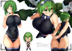 Rule 34 | 1girl, absurdres, armor, arms behind back, ass, bare arms, blue bodysuit, blush, bodysuit, bouncing breasts, breast suppress, breasts, chibi, closed eyes, closed mouth, covered navel, cowboy shot, faulds, female focus, from behind, glasses, greaves, green eyes, green hair, groin, halterneck, hands on own chest, hands up, happy, headgear, highres, huge breasts, impossible clothes, impossible leotard, incredibly absurdres, infinite stratos, japanese text, legs, legs together, leotard, looking at viewer, matching hair/eyes, mecha musume, multiple views, neon trim, open mouth, pilot suit, shibayuki, short hair, simple background, skin tight, sleeveless, smile, standing, thighhighs, thighs, translation request, white background, yamada maya (infinite stratos)
