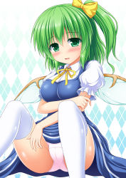 Rule 34 | 1girl, argyle, argyle background, argyle clothes, blue dress, blush, breasts, cameltoe, come hither, daiyousei, dress, fairy wings, female focus, green eyes, green hair, hair ribbon, large breasts, looking at viewer, matching hair/eyes, nagana sayui, open mouth, panties, pantyshot, pink panties, puffy short sleeves, puffy sleeves, ribbon, seductive smile, shirt, short sleeves, side ponytail, sitting, smile, solo, textless version, thighhighs, thighs, touhou, underwear, upskirt, white thighhighs, wings
