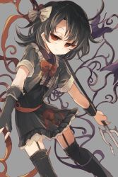 Rule 34 | 1girl, adapted costume, ahoge, alternate hairstyle, asymmetrical wings, bad id, bad twitter id, black dress, black gloves, black hair, black thighhighs, bow, dress, fingerless gloves, garter straps, gloves, grey background, hair bow, hair ornament, hisona (suaritesumi), houjuu nue, looking at viewer, polearm, red eyes, short hair, simple background, smile, solo, thighhighs, touhou, trident, weapon, wings, wrist cuffs, zettai ryouiki