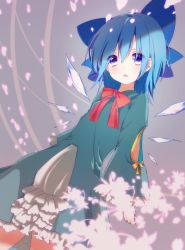 Rule 34 | 1girl, absurdres, alternate costume, bad id, bad twitter id, blue hair, bow, bowtie, cirno, dress, fairy wings, hair bow, highres, ice, ice wings, long sleeves, petals, red bow, red bowtie, solo, touhou, varyu, wide sleeves, wings