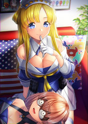 Rule 34 | 2girls, bare shoulders, blonde hair, blue eyes, blue shirt, blush, bokukawauso, breasts, cleavage, closed mouth, collarbone, commentary request, double bun, drooling, enemy lifebuoy (kancolle), finger to mouth, fletcher (kancolle), gloves, hair between eyes, hair bun, hair ornament, hairband, indoors, johnston (kancolle), kantai collection, lap pillow, large breasts, light brown hair, long hair, long sleeves, looking at viewer, lying, medium breasts, multiple girls, neckerchief, off shoulder, on back, open mouth, pleated skirt, school uniform, shirt, skirt, sleep mask, sleeping, smile, star (symbol), star hair ornament, thighhighs, two side up, unowen, white gloves, white legwear, white skirt, yellow neckerchief