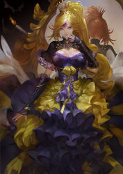 Rule 34 | 1girl, blonde hair, breasts, brown eyes, candle, circlet, cleavage, crown, dress, dual persona, finger to mouth, kali (p&amp;d), large breasts, long hair, mirror, puzzle &amp; dragons, solo, youshun (naturaljuice)