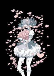 Rule 34 | 1girl, bad id, bad pixiv id, black background, bubble skirt, choker, cover, covered mouth, expressionless, frilled skirt, frills, gloves, greyscale, hair over one eye, hair ribbon, heart, holding, holding heart, kaname madoka, looking away, mahou shoujo madoka magica, mahou shoujo madoka magica (anime), monochrome, pink eyes, pink theme, profile, puffy short sleeves, puffy sleeves, ribbon, saji (mei-low), short sleeves, simple background, skirt, socks, solo, spot color, too many, too many hearts