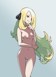 Rule 34 | 1girl, blonde hair, breasts, clitoris, closed mouth, creatures (company), cynthia (pokemon), game freak, hair over one eye, highres, juli (pixiv30498194), long hair, looking at viewer, navel, nintendo, nipples, nude, oomura yuusuke, pokemon, pokemon dppt, pokemon tcg, pussy, skinny, small breasts, smile, solo, standing, thigh gap, third-party edit, uncensored