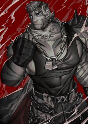 Rule 34 | 1boy, animal ears, arknights, artist request, bandaged hand, bandages, bara, belt, black tank top, chain necklace, cowboy shot, dog tags, facial hair, frown, furry, furry male, goatee, hand up, highres, jewelry, large hands, large pectorals, looking at viewer, male focus, mountain (arknights), muscular, muscular male, necklace, pectoral cleavage, pectorals, scar, scar across eye, scar on arm, short hair, sidepec, solo, tank top, thick eyebrows, tiger boy, tiger ears, white hair