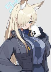 Rule 34 | 1girl, absurdres, animal ear fluff, animal ears, aqua eyes, black jacket, blonde hair, blue archive, blue halo, blue necktie, blue shirt, breasts, commentary, cup, dog ears, dog girl, hair over one eye, halo, highres, holding, holding cup, jacket, kanna (blue archive), large breasts, long hair, looking at viewer, mug, necktie, nemun (tamizzz), open clothes, open jacket, paw print, sharp teeth, shirt, solo, teeth, tie clip, upper body