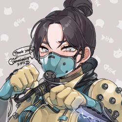 Rule 34 | animification, apex legends, black hair, blue gloves, bodysuit, breasts, brown background, cable, commission, depths of the void wraith, electricity, eyebrows hidden by hair, gloves, grey eyes, hair behind ear, hair bun, heart, highres, holding, holding knife, knife, kunai, mask, medium breasts, mouth mask, official alternate costume, parted bangs, portrait, shimijimi, single hair bun, speech bubble, upper body, v-shaped eyebrows, weapon, wraith&#039;s kunai, wraith (apex legends), yellow bodysuit