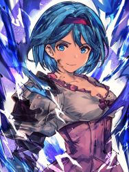 Rule 34 | 1girl, armor, blue eyes, blue hair, breasts, closed mouth, collarbone, djeeta (granblue fantasy), dress, gauntlets, granblue fantasy, guider to the eternal edge, hairband, highres, looking at viewer, monogrbl, pink dress, red hairband, short hair, shoulder armor, smile, solo, upper body