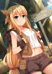 Rule 34 | 1girl, ahoge, backpack, bag, blonde hair, collarbone, crop top, crop top overhang, day, fence, long hair, looking at viewer, low-tied long hair, midriff, mmrailgun, nature, navel, original, outdoors, road sign, shirt, shorts, sign, smile, solo, tree, vest, white shirt