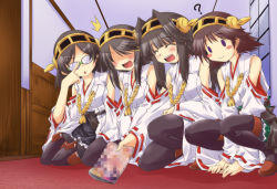 Rule 34 | 10s, 4girls, :3, ?, ^^^, black hair, blush stickers, brown hair, censored, chestnut mouth, detached sleeves, closed eyes, glasses, hairband, haruna (kancolle), hiei (kancolle), japanese clothes, kaname-y, kantai collection, kirishima (kancolle), kongou (kancolle), magazine (object), mosaic censoring, multiple girls, open mouth, pantyhose, personification, pornography, siblings, sisters, squatting, thighhighs, wide sleeves, yamanashi kaname