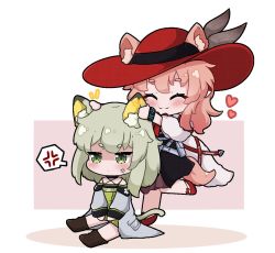Rule 34 | 2girls, ^ ^, anger vein, animal ear fluff, animal ears, arknights, black dress, blush, cat ears, cat girl, cat tail, closed eyes, closed mouth, colored shadow, commission, dress, ears through headwear, closed eyes, green dress, green eyes, grey hair, grey jacket, heart, heidi (arknights), jacket, kal&#039;tsit (arknights), kurotofu, long hair, long sleeves, multiple girls, notice lines, off-shoulder jacket, off shoulder, pink background, pink hair, puffy long sleeves, puffy sleeves, red footwear, red headwear, shaded face, shadow, shoes, short eyebrows, sitting, sleeves past wrists, socks, standing, standing on one leg, tail, thick eyebrows, two-tone background, white background