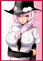 Rule 34 | 1girl, absurdres, aged up, agetama, black bullet, black necktie, blush, breasts, collared shirt, fang, fuse midori, hair over shoulder, hat, highres, large breasts, layered sleeves, long hair, long sleeves, looking at viewer, necktie, parted lips, pink eyes, pink hair, shirt, short over long sleeves, short sleeves, slit pupils, solo, upper body, white shirt, witch hat