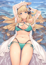 Rule 34 | 1girl, aqua bikini, arms up, bikini, blonde hair, blue eyes, blush, bow, breasts, elf, hair bow, hair ornament, highres, large breasts, layered bikini, long hair, looking at viewer, loose bikini, lying, multi-strapped bikini, navel, o-ring, off shoulder, on back, open clothes, pak ce, pointy ears, princess connect!, saren (princess connect!), saren (summer) (princess connect!), see-through, side-tie bikini bottom, solo, stomach, swimsuit, thighs, untied bikini, wet, wet clothes