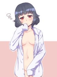Rule 34 | 1girl, bang dream!, between legs, black hair, blush, bottomless, breasts, covering privates, covering crotch, hand between legs, hand on own face, highres, navel, no bra, open clothes, open shirt, oversized clothes, oversized shirt, red eyes, shirt, sleepy, small breasts, solo, standing, tamaguu (lanev0), ushigome rimi