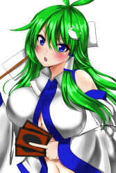 Rule 34 | &gt;:o, 1girl, :o, ahoge, ar (lover boy), blue eyes, blush, breasts, card, crossover, detached sleeves, frog hair ornament, gohei, green hair, hair ornament, hair tubes, highres, japanese clothes, kochiya sanae, large breasts, long hair, long sleeves, looking at viewer, miko, navel, nontraditional miko, oonusa, sidelocks, solo, touhou, upper body, v-shaped eyebrows, wide sleeves, yu-gi-oh!