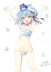 Rule 34 | 1girl, armpits, arms up, bikini, blue hair, blush, dixie cup hat, double bun, fang, green eyes, hair between eyes, hair bun, hair ornament, happy, hat, highres, hizaka, kantai collection, looking at viewer, military hat, official alternate costume, one-hour drawing challenge, open mouth, samuel b. roberts (kancolle), short hair, simple background, smile, solo, striped bikini, striped clothes, sunglasses, swimsuit, twitter username, water, whale, white hat