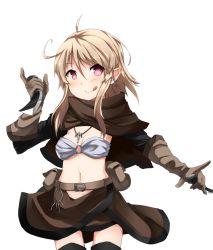Rule 34 | 1girl, :q, ahoge, belt, belt pouch, blonde hair, blush, brown skirt, earrings, female focus, gloves, jewelry, key, knife, long hair, looking at viewer, miniskirt, navel, necklace, pointy ears, pouch, purple eyes, sicx lives, sidelocks, simple background, skirt, solo, tongue, tongue out, white background, wk (low-f)