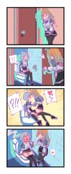 Rule 34 | !?, 2girls, 4koma, @ @, ^^^, absurdres, ahoge, antenna hair, bathroom, black footwear, black legwear, black skirt, blue eyes, blue hair, blue neckwear, blush, bow, bowtie, breast pocket, breasts, breath, buttons, clothes lift, clothes pull, comic, door, drill hair, ear blush, embarrassed, emphasis lines, evelyn (rune (dualhart)), faceless, faceless female, female focus, flying sweatdrops, frilled shirt, frilled sleeves, frills, from above, from side, full-face blush, full body, grey hair, grey shirt, haley (rune (dualhart)), hand on another&#039;s shoulder, hands on another&#039;s shoulders, have to pee, heart, highres, indoors, knees together feet apart, leg up, long hair, looking at another, matching hair/eyes, medium breasts, miniskirt, motion lines, multicolored hair, multiple girls, multiple views, nose blush, open mouth, orange eyes, orange hair, original, own hands together, pantyhose, pantyhose pull, pee, peeing, peeing self, pocket, profile, pulled by self, rune (dualhart), school uniform, shirt, shirt tucked in, shoes, sidelocks, sideways mouth, sitting, sitting on lap, sitting on person, skirt, skirt lift, small breasts, spoken heart, spoken interrobang, standing, streaked hair, surprised, sweat, tears, toilet paper, toilet use, trembling, twin drills, two-tone hair, v arms, walking, wavy mouth, wet, wet clothes, wide-eyed