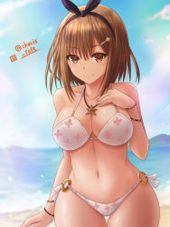 Rule 34 | 1girl, atelier (series), atelier ryza, atelier ryza 1, bikini, blush, breasts, brown eyes, brown hair, cleavage, collarbone, hair ornament, hairclip, haura akitoshi, jewelry, large breasts, looking at viewer, navel, necklace, o-ring, o-ring bottom, ocean, reisalin stout, smile, solo, star (symbol), swimsuit