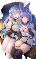 Rule 34 | 2girls, :o, absurdres, animal ears, bag, belt, black legwear, black skirt, blouse, blush, breasts, cleavage, cupitan (granblue fantasy), detached collar, detached sleeves, dress, gloves, gradient hair, granblue fantasy, green eyes, grey hair, hair ornament, hand on own chest, handbag, hat, highres, jacket, large breasts, long hair, looking at viewer, mayusaki yuu, miniskirt, multicolored hair, multiple girls, necktie, nurse cap, open mouth, paper bag, pouch, purple eyes, purple hair, red necktie, shirt, shoulder bag, sitting, skirt, small breasts, thighhighs, tikoh, white dress, white gloves, white jacket, white shirt