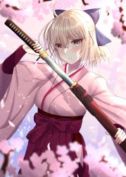 Rule 34 | 1girl, absurdres, ahoge, black bow, blonde hair, bow, drawing sword, fate/grand order, fate (series), hair bow, hakama, hakama skirt, half updo, hibika, highres, holding, holding sheath, holding sword, holding weapon, japanese clothes, katana, kimono, okita souji (fate), okita souji (koha-ace), pink kimono, red hakama, scabbard, sheath, skirt, solo, sword, unsheathing, upper body, weapon, wide sleeves, yellow eyes