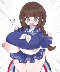 Rule 34 | !?, 1girl, aliceyawnin, alternate breast size, blue sailor collar, blue shirt, blue skirt, blunt bangs, braid, breast expansion, breasts, brown hair, bursting breasts, colored skin, crying, crying with eyes open, funamusea, grey eyes, highres, huge breasts, long sleeves, nipples, no headwear, oounabara to wadanohara, pointy ears, ribbon, sailor collar, sailor shirt, shirt, skirt, solo, tears, thick thighs, thighs, wadanohara, white background, white ribbon, white skin