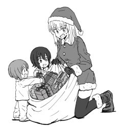 Rule 34 | 3girls, aged down, boots, christmas, commentary, dress, frown, fur-trimmed dress, fur trim, gift, girls und panzer, gloves, greyscale, hat, holding, holding sack, itsumi erika, kneeling, long hair, long sleeves, looking at another, monochrome, multiple girls, mutsu (layergreen), nishizumi maho, nishizumi miho, open mouth, pajamas, sack, santa boots, santa dress, santa hat, short dress, short hair, siblings, sisters, standing, sweatdrop, thighhighs