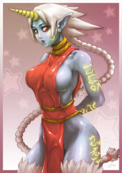 Rule 34 | 1girl, arms behind back, blue skin, braid, breasts, colored skin, covered erect nipples, horns, large breasts, league of legends, lips, long hair, no bra, no panties, pointy ears, red eyes, romehamu, sideboob, single braid, single horn, solo, soraka (league of legends), tattoo, tight clothes, very long hair, white hair