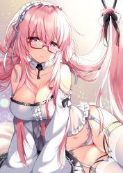 Rule 34 | 1girl, arm support, azur lane, bare shoulders, blush, breasts, cleavage, collarbone, commentary request, crop top, detached collar, detached sleeves, garter belt, glasses, hairband, highres, large breasts, long hair, looking at viewer, navel, panties, perseus (azur lane), pink eyes, pink hair, revision, ringo sui, sidelocks, sitting, smile, solo, thighhighs, underwear, very long hair, white hairband, white panties, white thighhighs, wide sleeves