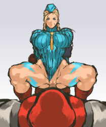 Rule 34 | 1990s (style), 1boy, 1girl, ahoge, blue leotard, braid, breasts, cammy white, clothed sex, clothing aside, cowgirl position, fingerless gloves, garrison cap, girl on top, gloves, hat, hetero, highleg, highleg leotard, highres, huge ahoge, huge breasts, leotard, leotard aside, m. bison, nameo (judgemasterkou), necktie, pussy, retro artstyle, ribbed leotard, scar, sex, solo focus, straddling, street fighter, street fighter zero (series), thick thighs, thighs, turtleneck, twin braids, uncensored, vaginal