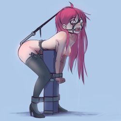 Rule 34 | 1girl, absurdres, anal hook, ass, ball gag, bdsm, bent over, blue background, blue eyes, blush, bondage, bound, breasts, clenched hand, collar, female focus, gag, gagged, garter belt, garter straps, hanging breasts, harness gag, high heels, highres, long hair, looking at ass, looking back, medium breasts, nipples, nradiowave, original, red hair, restrained, saliva, slave, solo, stationary restraints, thighhighs, tongue, tongue out