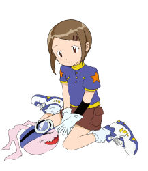Rule 34 | 1girl, absurdres, brown hair, brown shorts, cosplay, digimon, digimon (creature), digimon adventure 02, fangs, gloves, goggles, goggles on head, gomi sketch, highres, koromon, open mouth, short hair, shorts, simple background, socks, white background, white gloves, white socks, yagami hikari, yagami taichi, yagami taichi (cosplay)