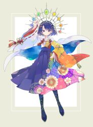 Rule 34 | 1girl, absurdres, alternate costume, blue hair, boots, cape, cross-laced footwear, floral print kimono, floral print skirt, full body, highres, long skirt, looking at viewer, multicolored clothes, nikorashi-ka, pointing, pointing down, pointing up, short hair, skirt, sky print, smile, solo, tenkyuu chimata, touhou, wide sleeves